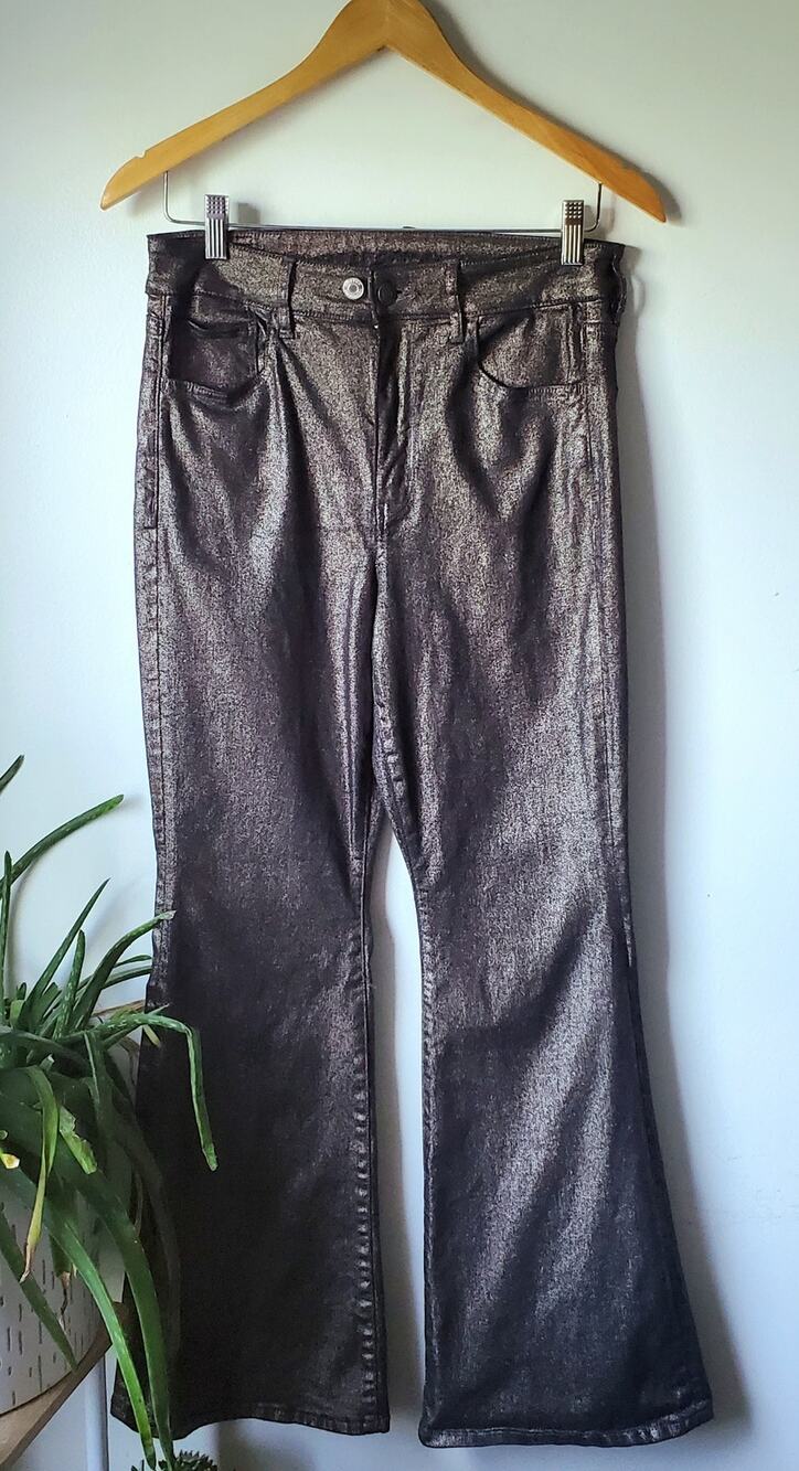 American Eagle Womens Black Metallic High Rise Boot Cut Jeans Size 8 Glam Sexy